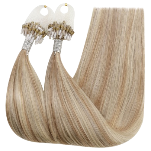 runature micro loop hair extensions – real blonde human hair, discreet and reusable, ideal for long-lasting volume and length with no heat or glue.